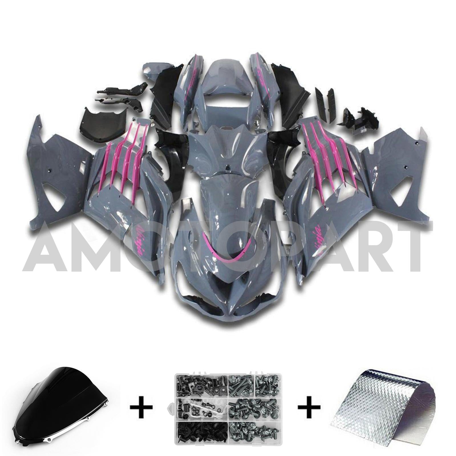 Amotopart 2012-2025 Kawasaki ZX14R ZZR1400 Gris Noir & Kit de carénage rose