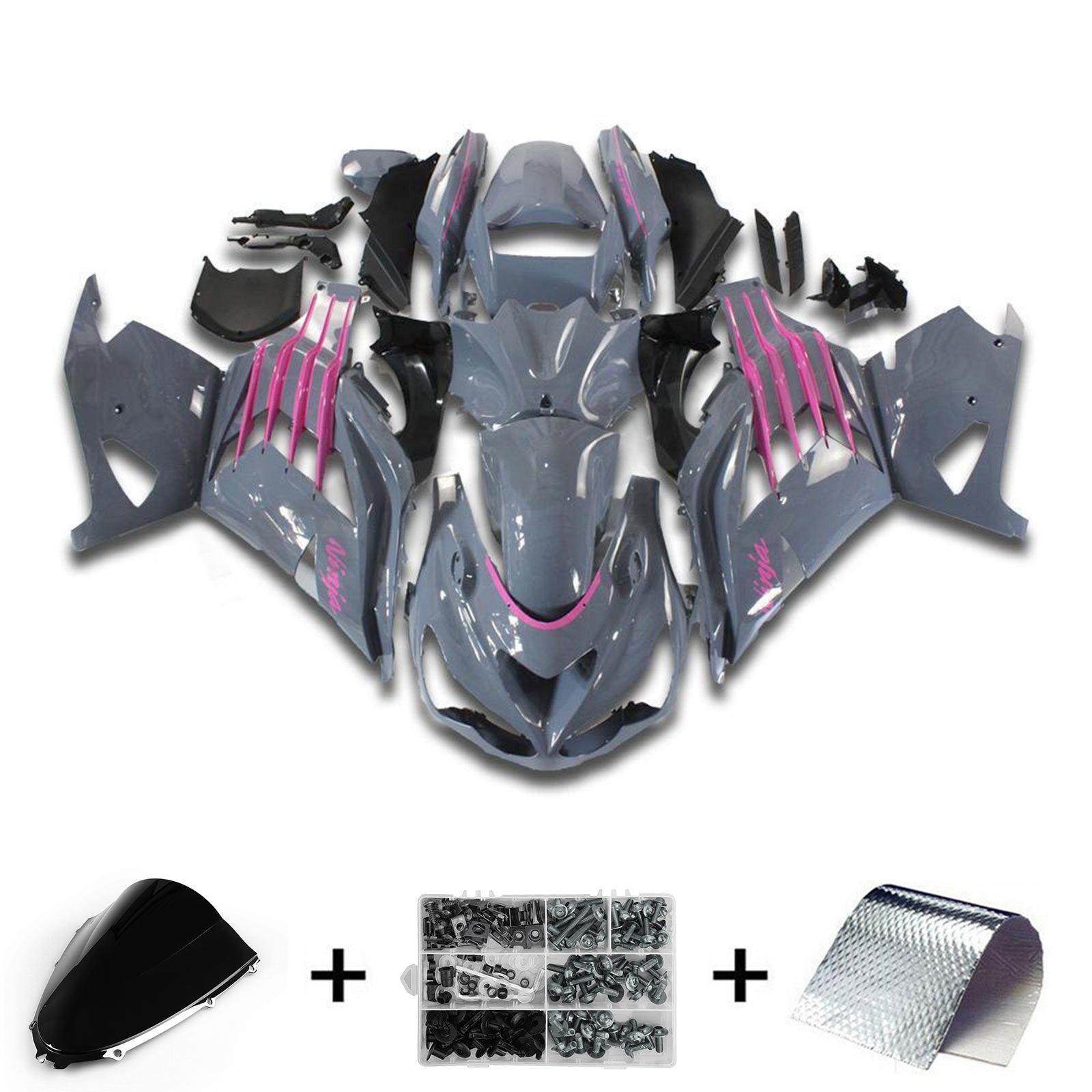 Amotopart 2012-2022 Kawasaki ZX14R ZZR1400 Kit de carenado gris negro y rosa