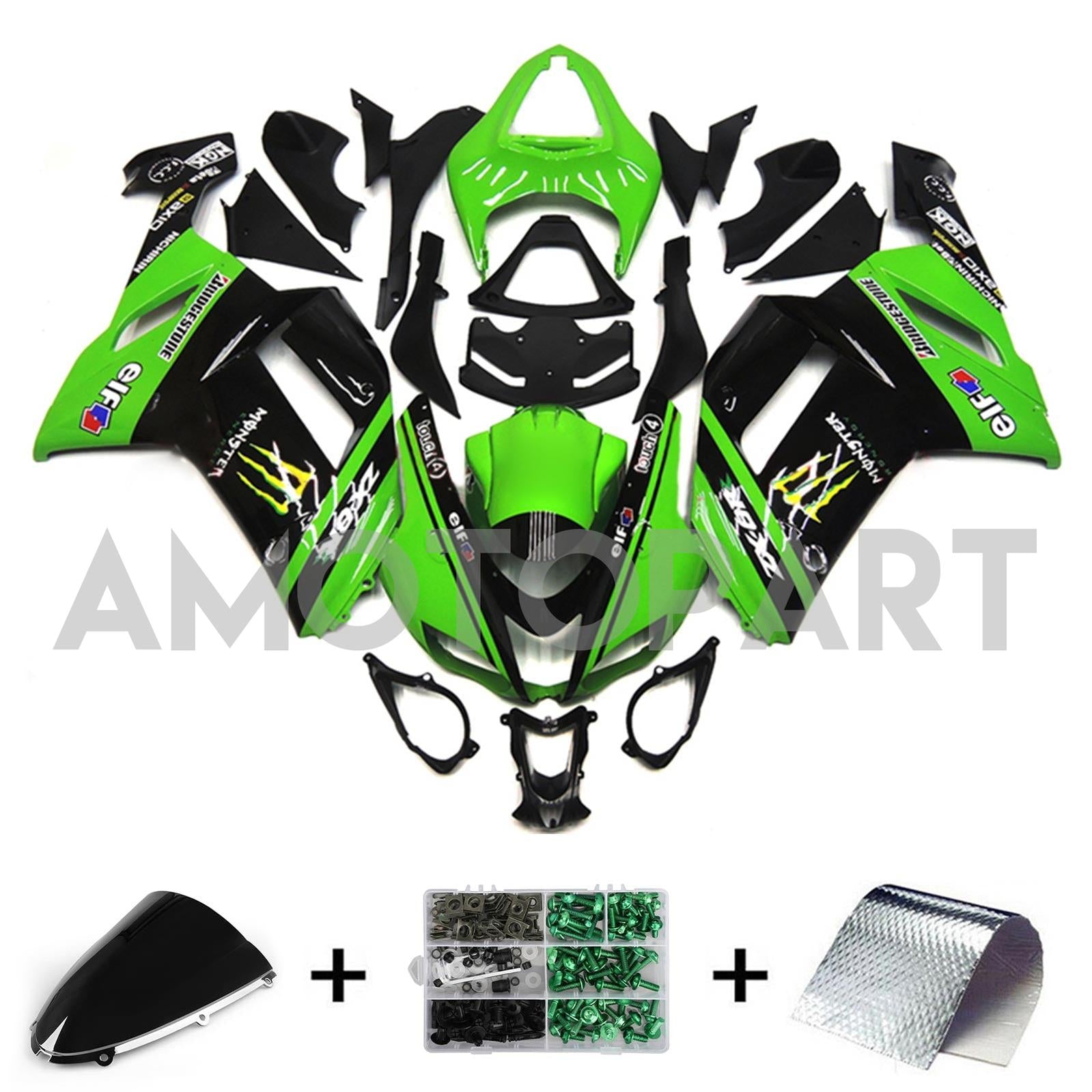 Amotopart 2007–2008 Kawasaki ZX6R 636, Schwarz&Grünes Verkleidungsset