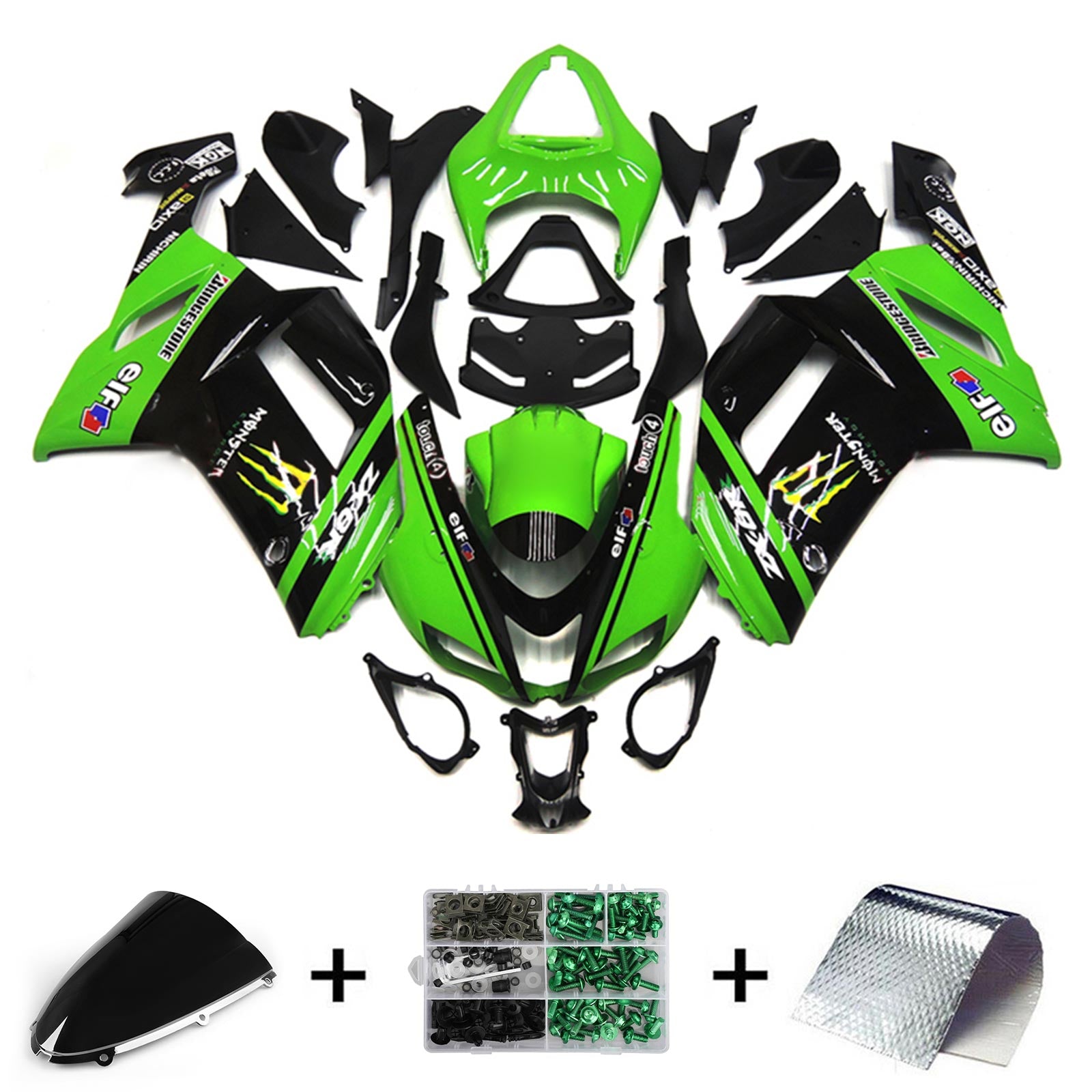 Amotopart 2007-2008 Kawasaki ZX6R 636 Kit de carénage noir et vert