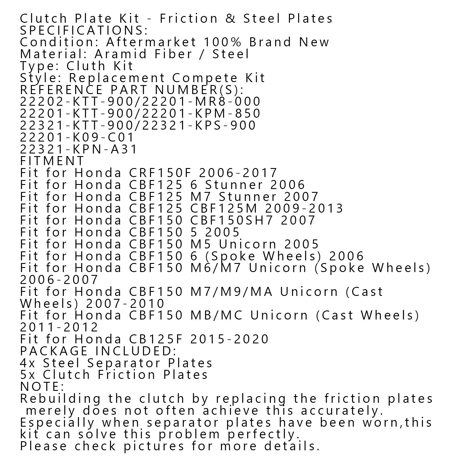 Kupplungssatz aus Stahl und Reibscheiben passend für Honda CBF125 CBF150 CRF150F CB125F
