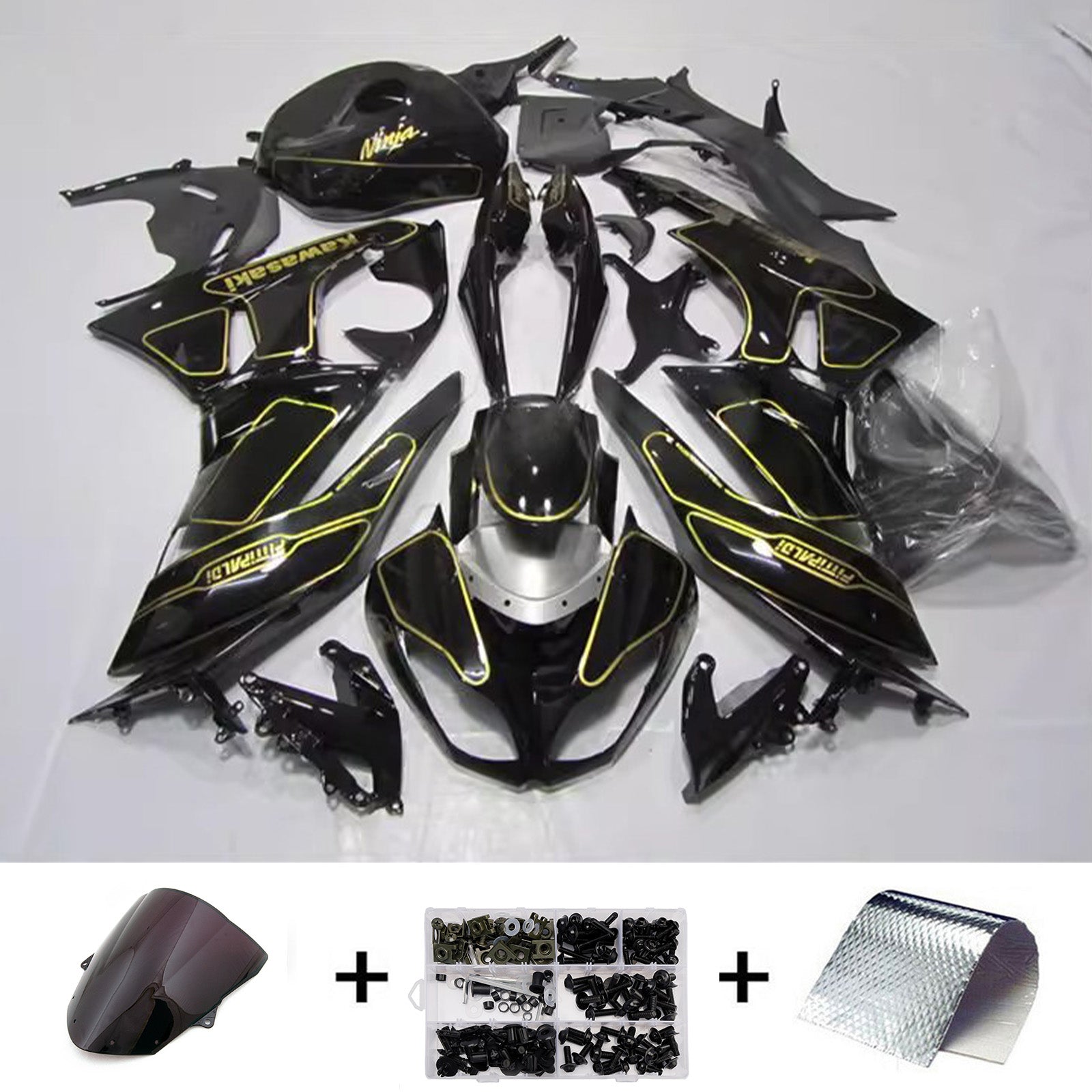Amotopart 2009-2012 Kawasaki ZX6R 636 Black Gold Fairing Kit