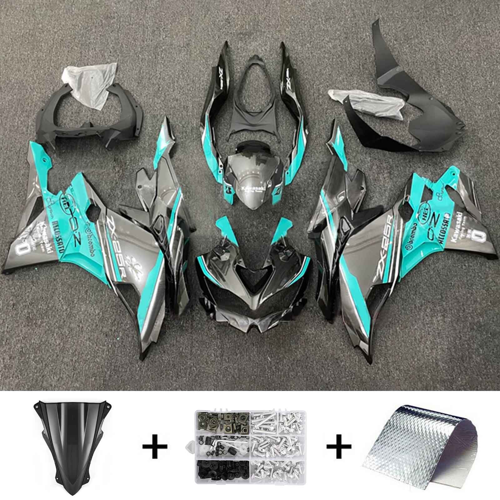 Amotopart 2019-2024 Ninja ZX-25R ZX-4R ZX-4RR Kawasaki Kit de carénage gris et bleu/vert