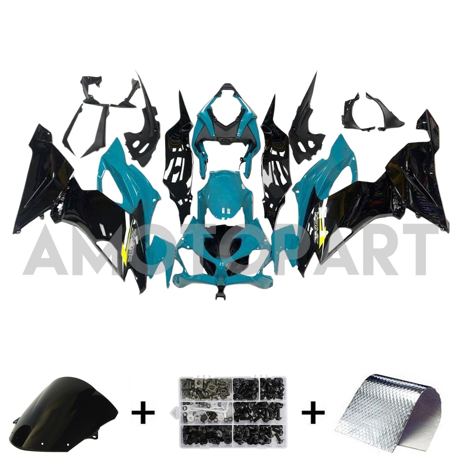 Amotopart 2019-2023 Kawasaki ZX6R Black Light Blue Fairing Kit