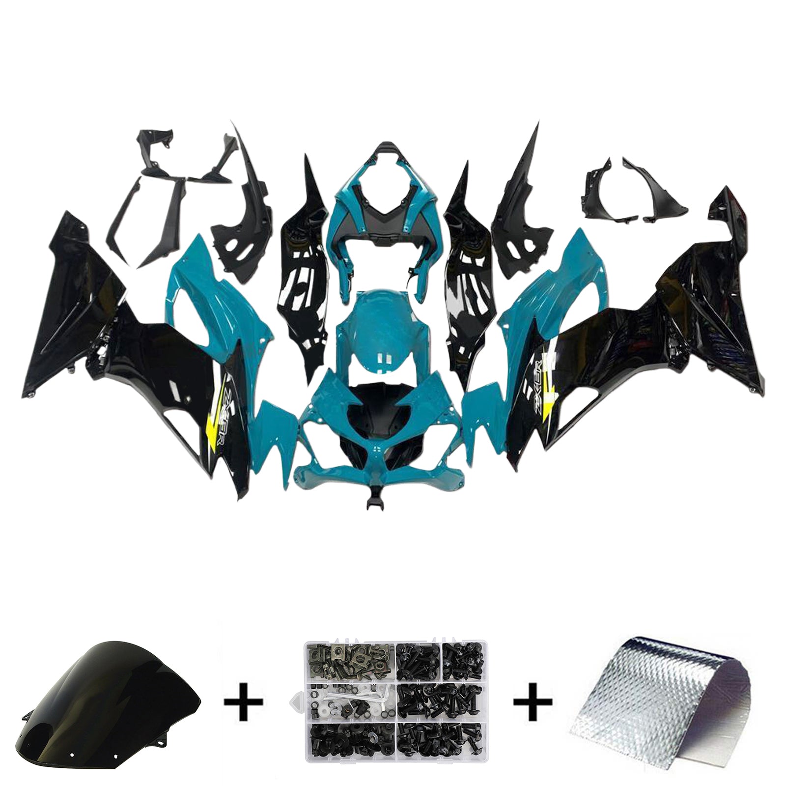 Amotopart 2019-2023 Kawasaki ZX6R Black Light Blue Fairing Kit