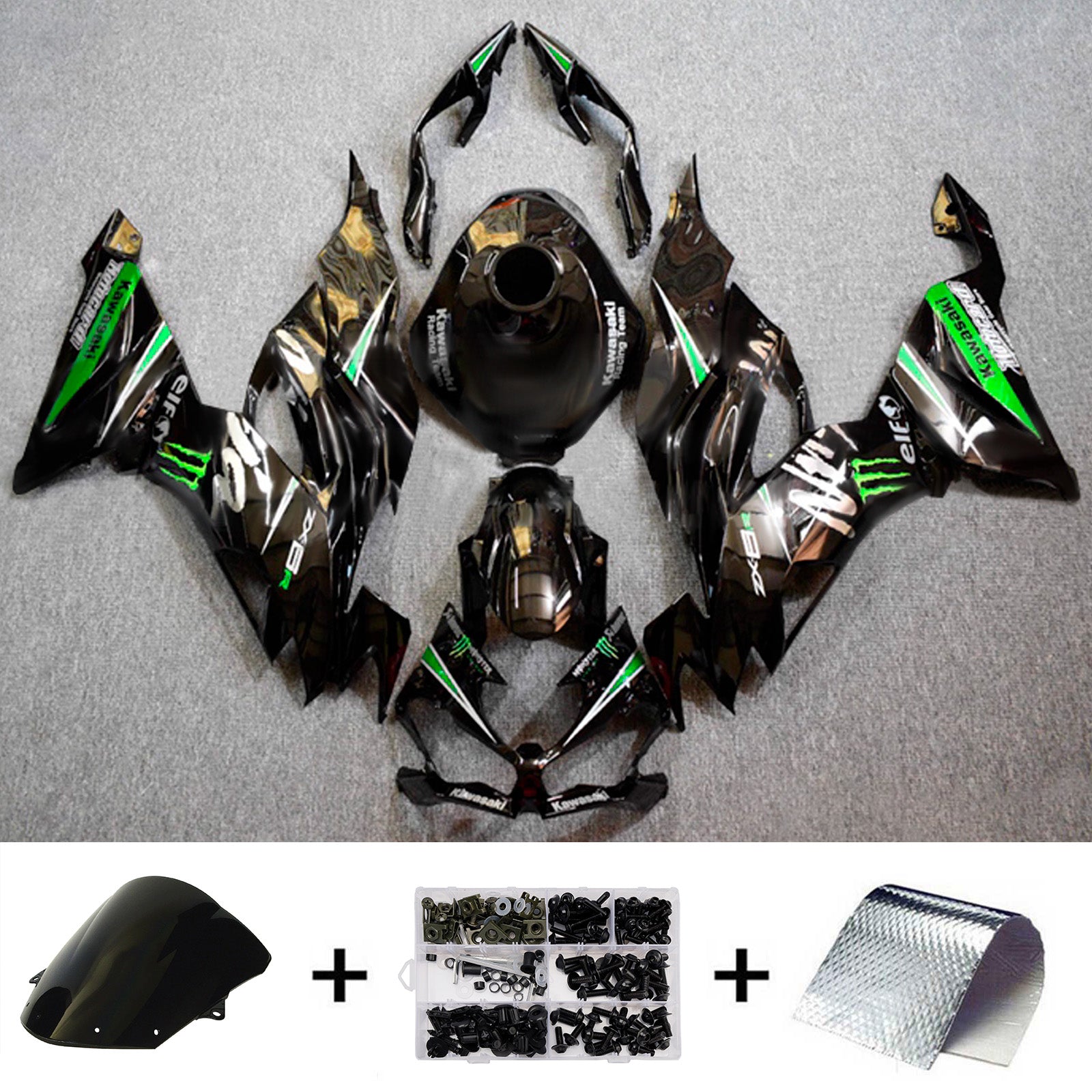 Amotopart 2019-2023 Kawasaki ZX6R Glossy Black Green Fairing Kit