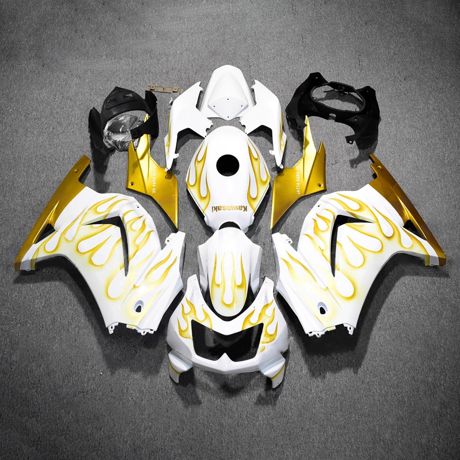 Amotopart 2008-2012 Kawasaki EX250/Ninja250R White Gold Flame Fairing Kit