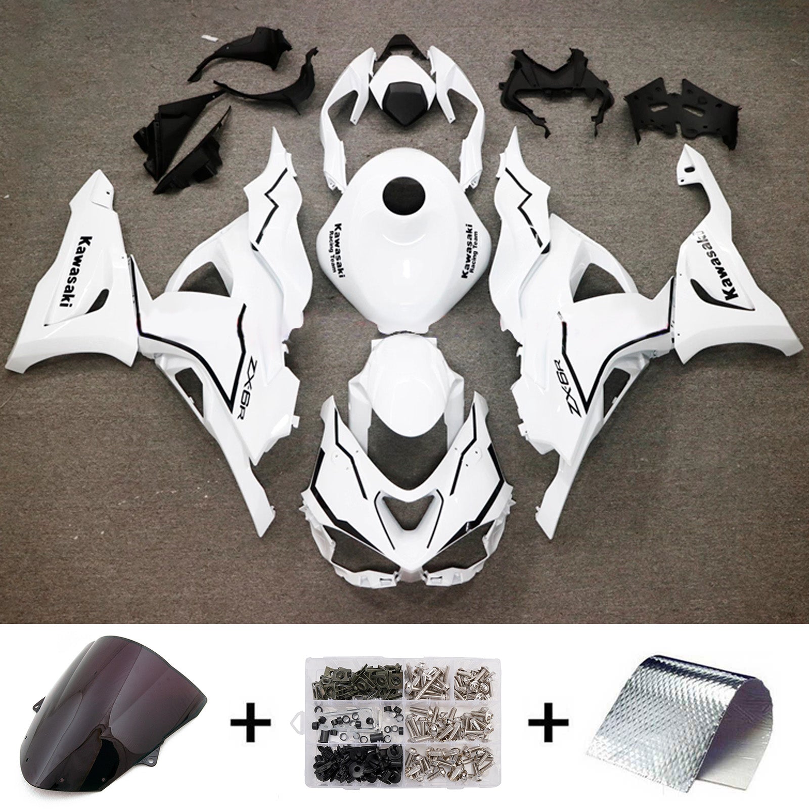 Amotopart 2024-2025 Kawasaki ZX-6R White with Black Fairing Kit