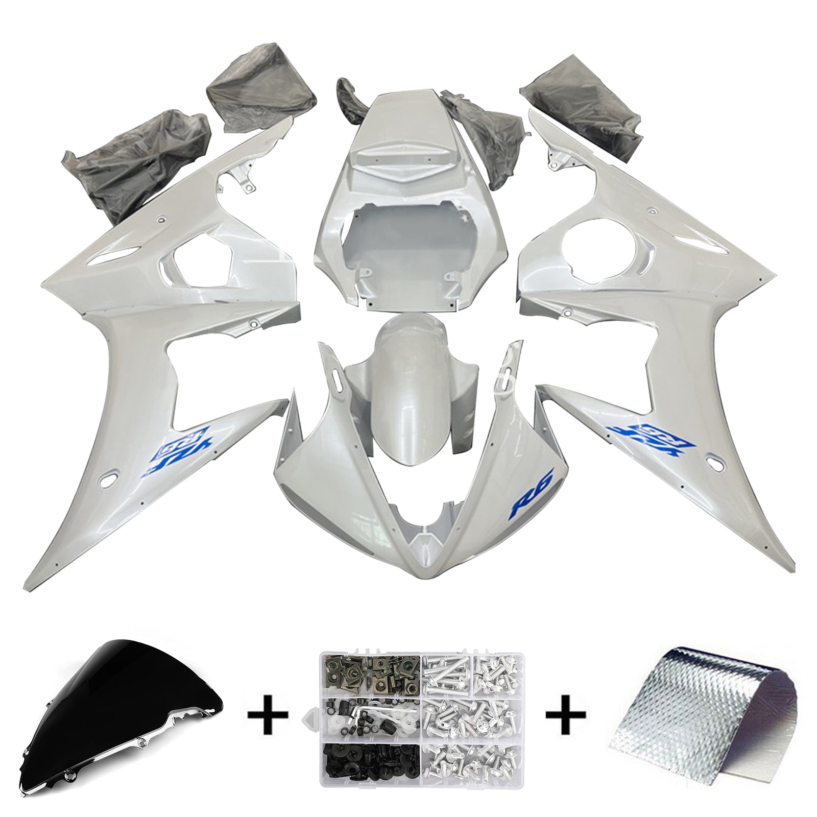 Amotopart 2005 Yamaha YZF-R6 blanco mate con kit de carenado con logotipo azul