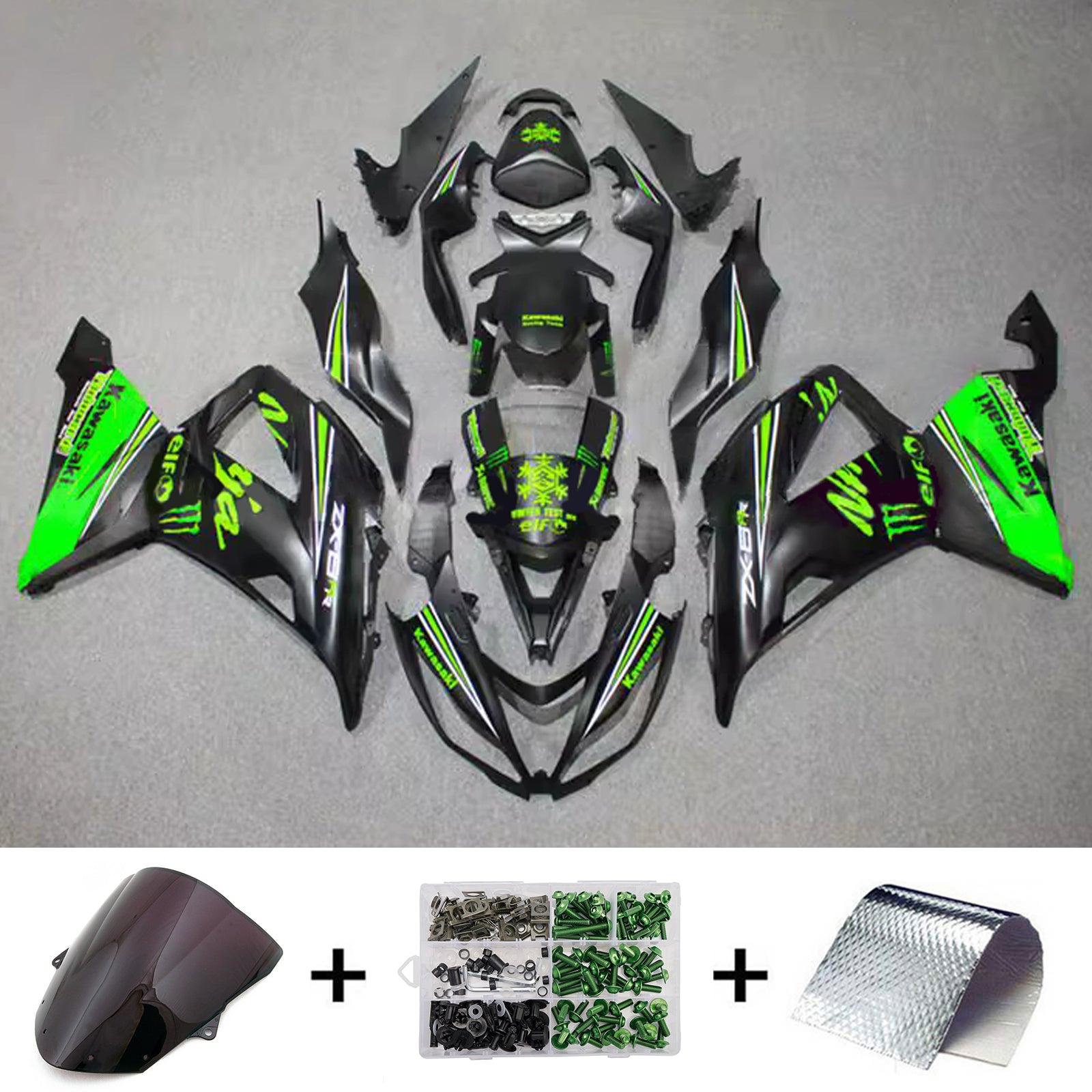 Amotopart 2013-2018 Kawasaki ZX6R 636 Black Green Fairing Kit