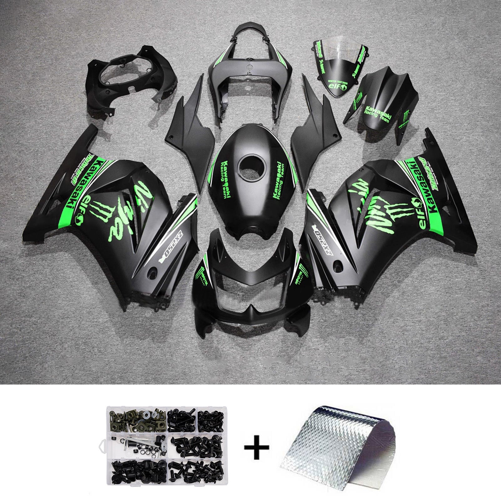 Amotopart 2008-2012 Kawasaki EX250/Ninja250R Black Green Fairing Kit