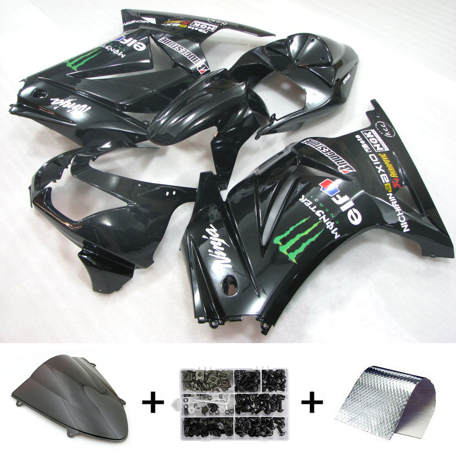 Amotopart 2008-2012 Kawasaki EX250 Ninja250R ブラック モンスターロゴ付き フェアリングキット