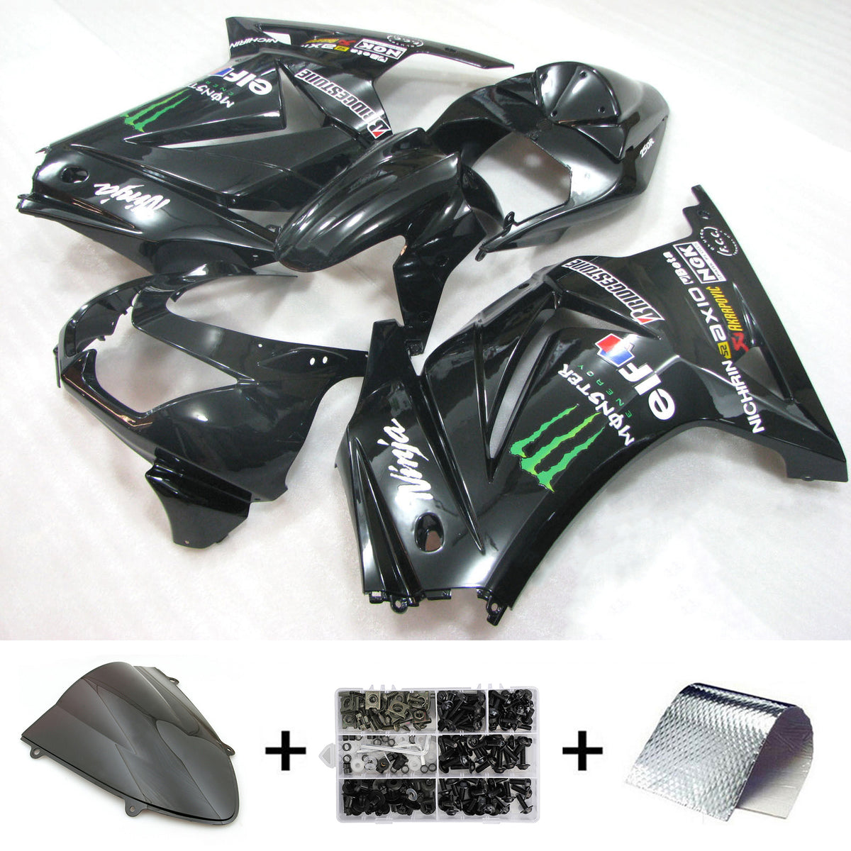 Amotopart 2008-2012 Kawasaki EX250 Ninja250R Noir avec kit de carénage Monster Logo