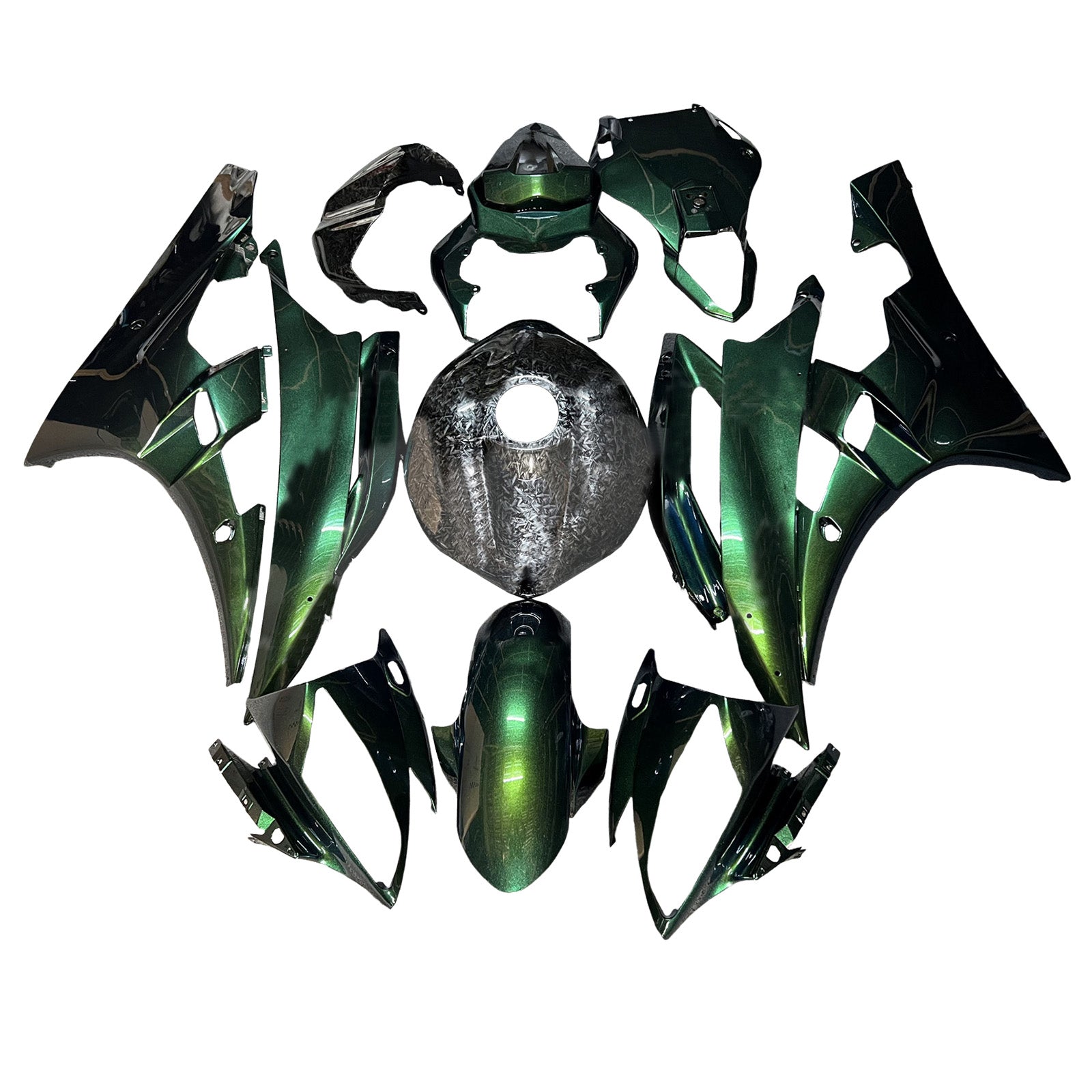 Amotopart 2006-2007 Yamaha YZF-R6 Green & Black Forged Carbon Fiber Pattern Fairing Kit