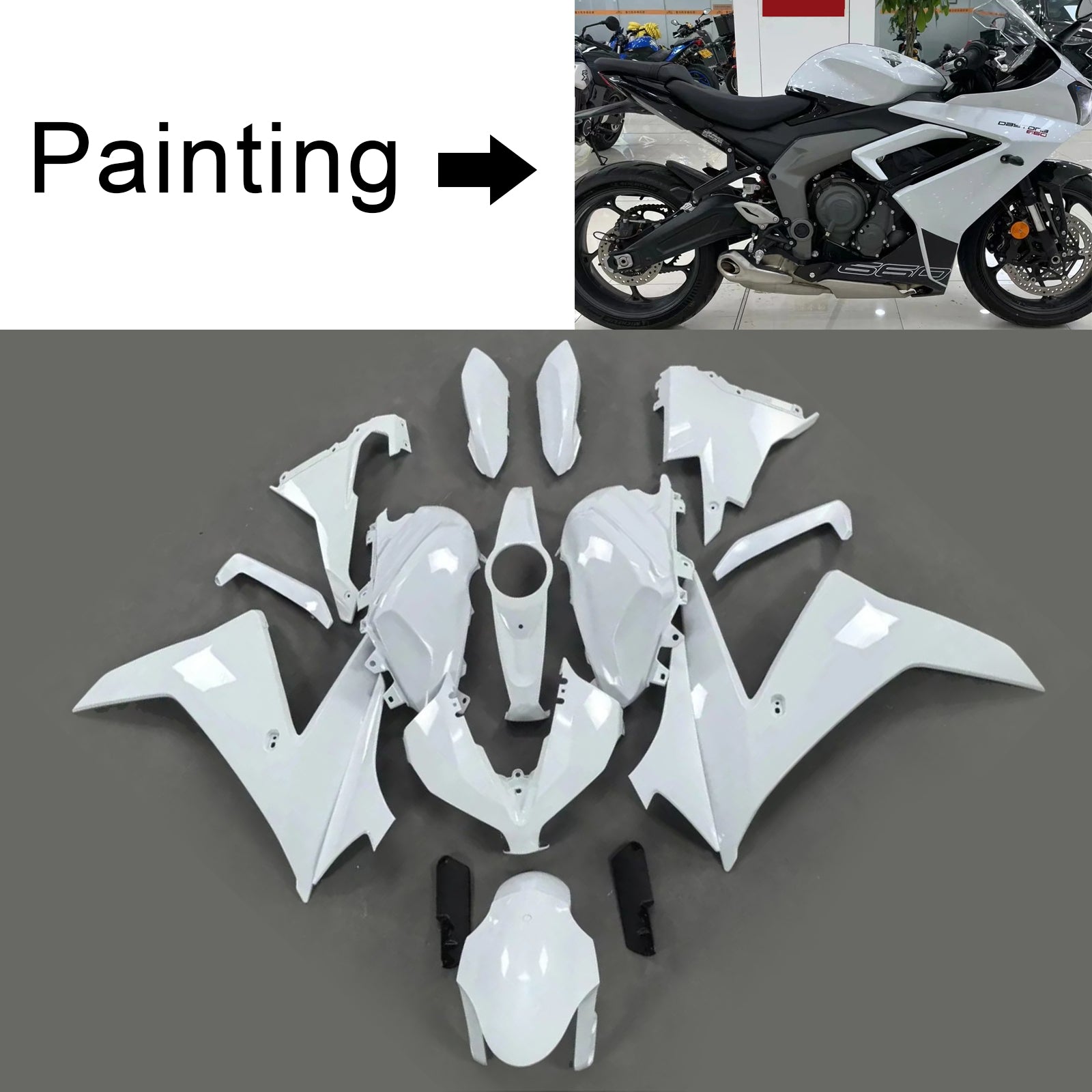 Amotopart 2024-2025 Triumph Daytona 660 Verkleidungssatz, glänzend weiß/schwarz