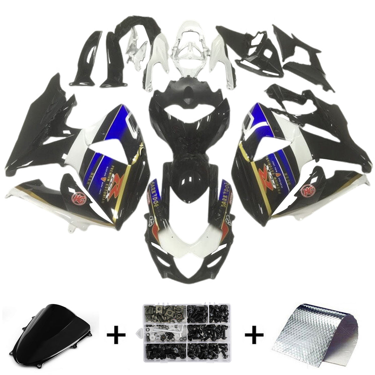 Amotopart 2009-2016 K9 GSXR1000 Suzuki negro con kit de carenado de rayas doradas