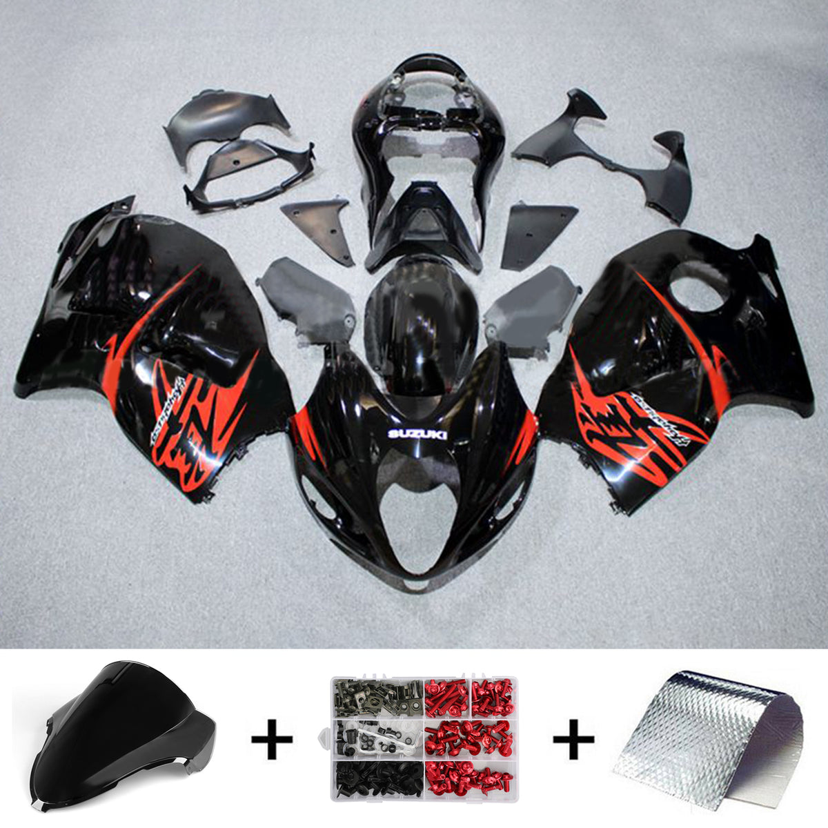 Amotopart 1999-2007 Suzuki Hayabusa GSX1300R Kit de carénage noir avec accent rouge