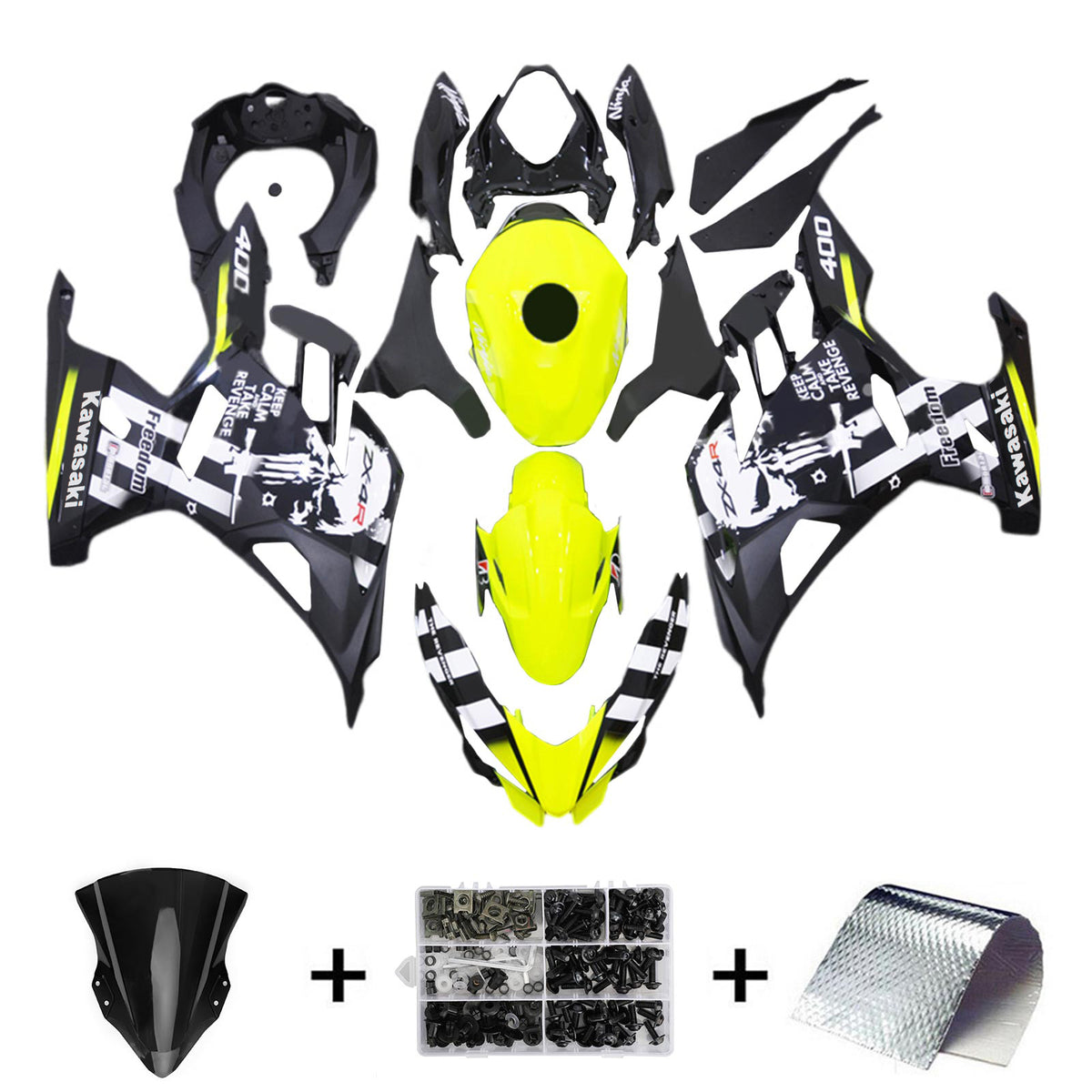 Amotopart 2018-2024 Kawasaki EX400 Ninja400 Kit de carénage crâne jaune et noir