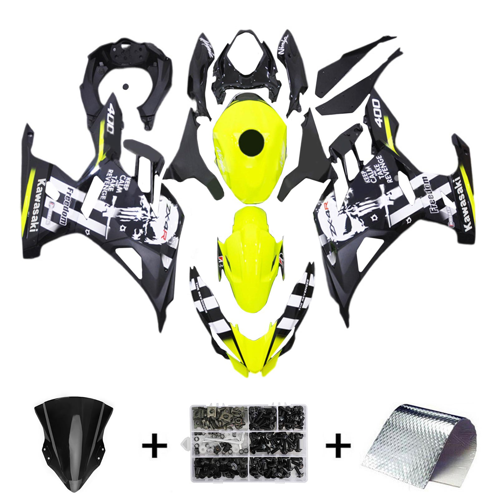 Amotopart 2018-2024 Kawasaki EX400 Ninja400 Yellow&Black Skull Fairing Kit