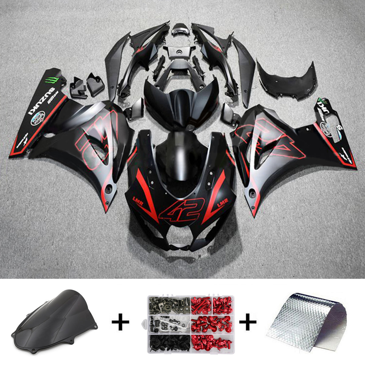 Amotopart 2017-2024 K17 GSXR 1000 Suzuki Kit de carénage noir et rouge Styl3