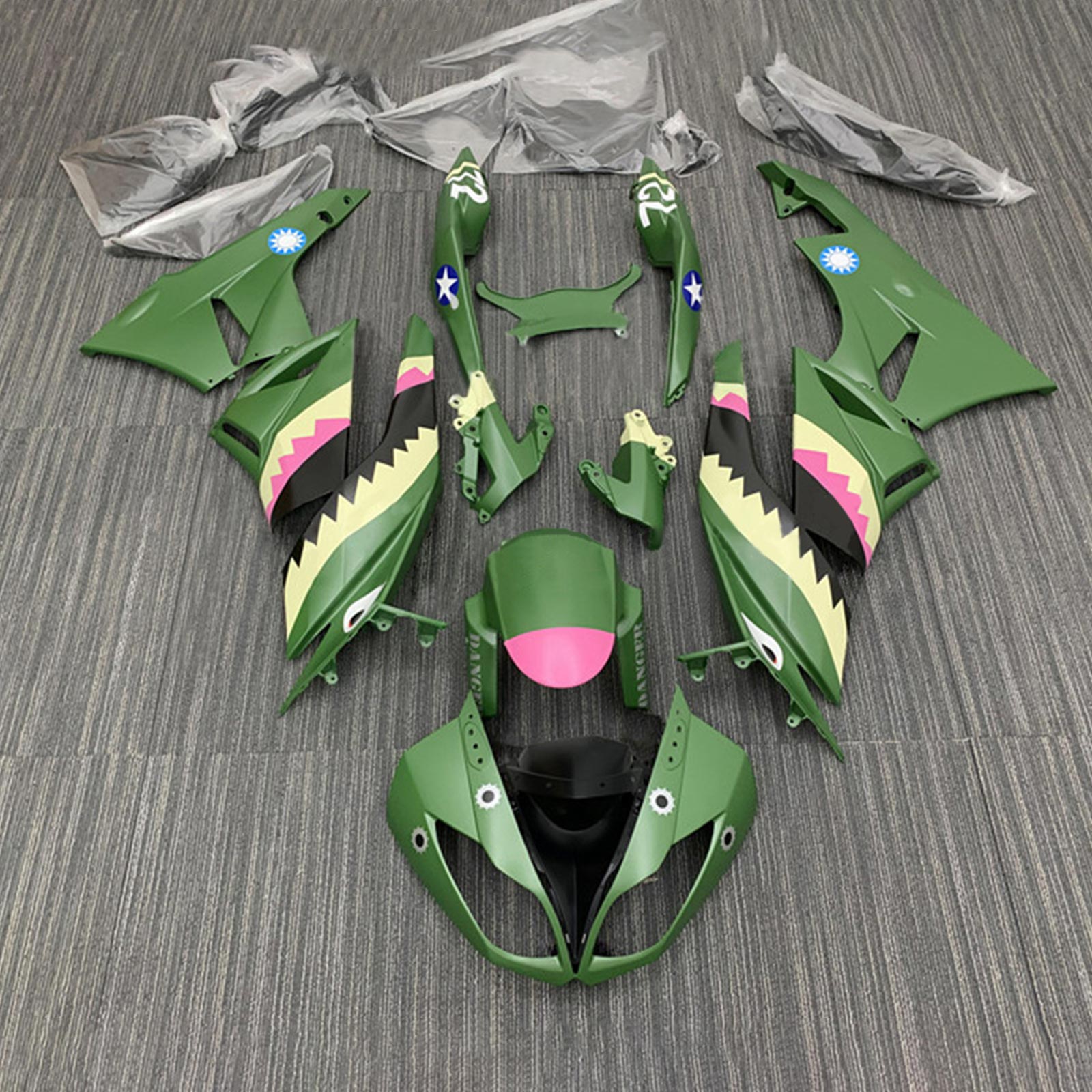 Amotopart Kawasaki 2009-2012 ZX6R 636 Kit de carenado de tiburón verde mate