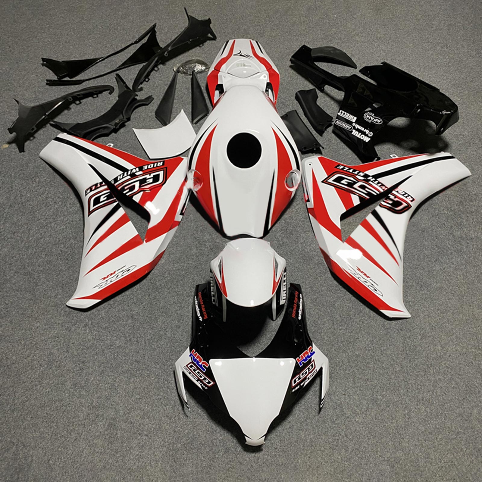 Amotopart 2008-2011 Honda CBR1000RR Kit de carenado de rayas blancas y rojas con logotipo Style3