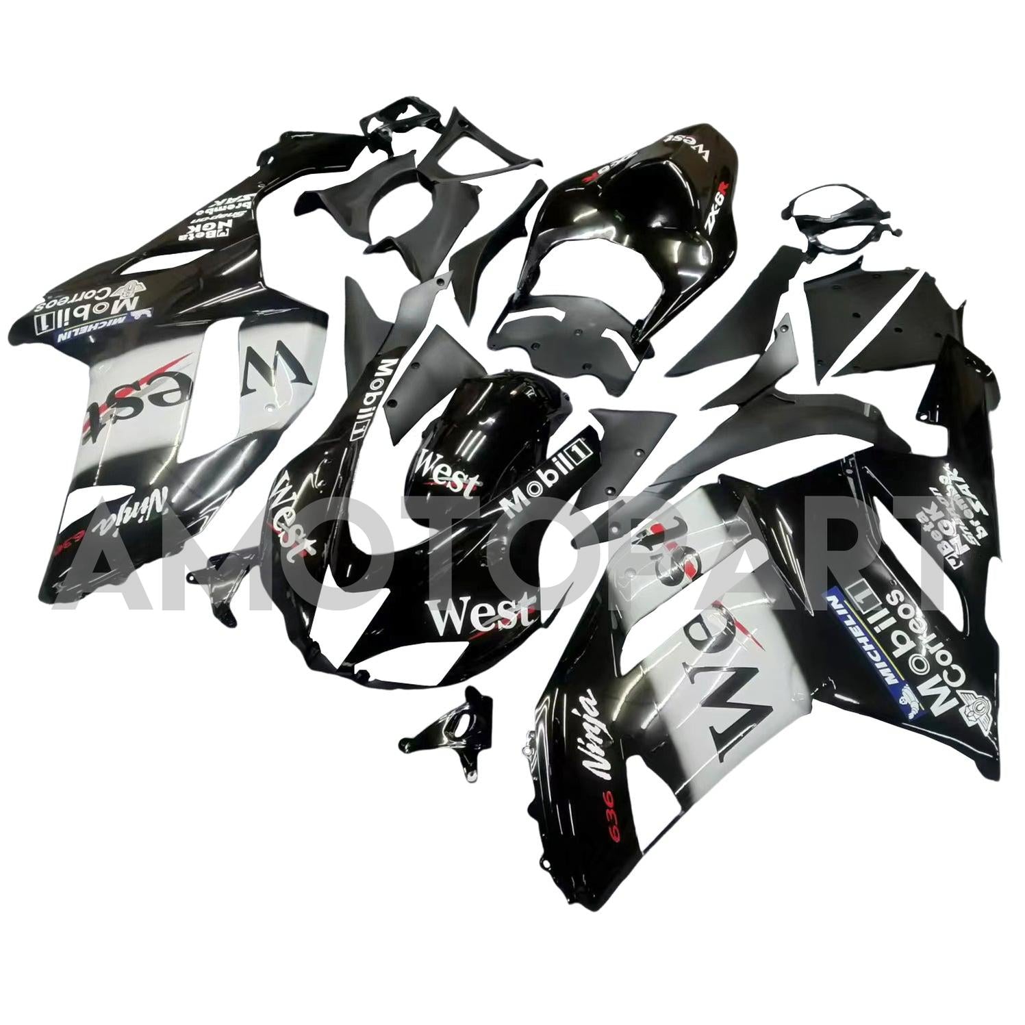 Amotopart 2007-2008 Kawasaki ZX6R 636 Black White Fairing Kit