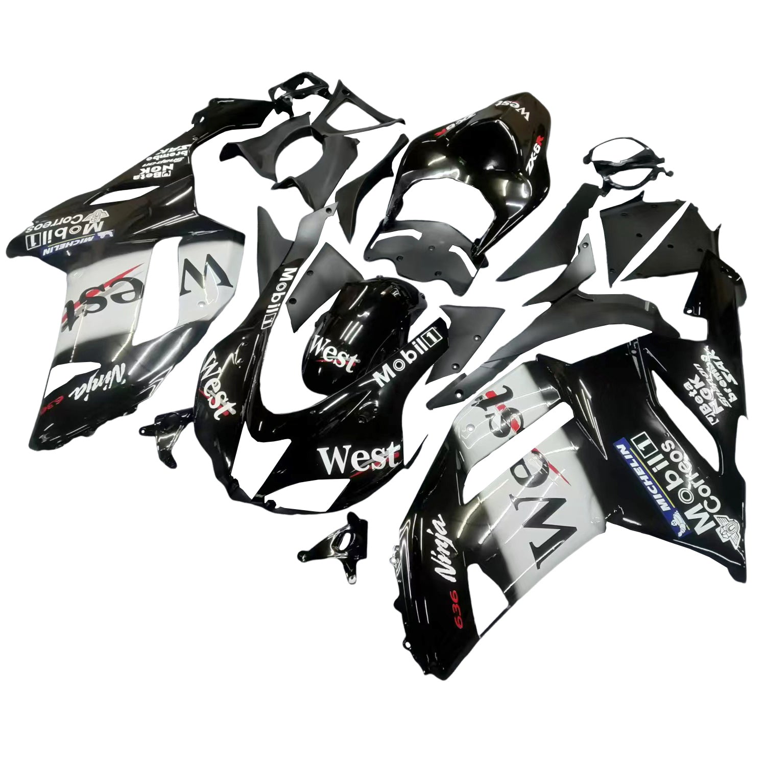 Amotopart 2007-2008 Kawasaki ZX6R 636 Black White Fairing Kit