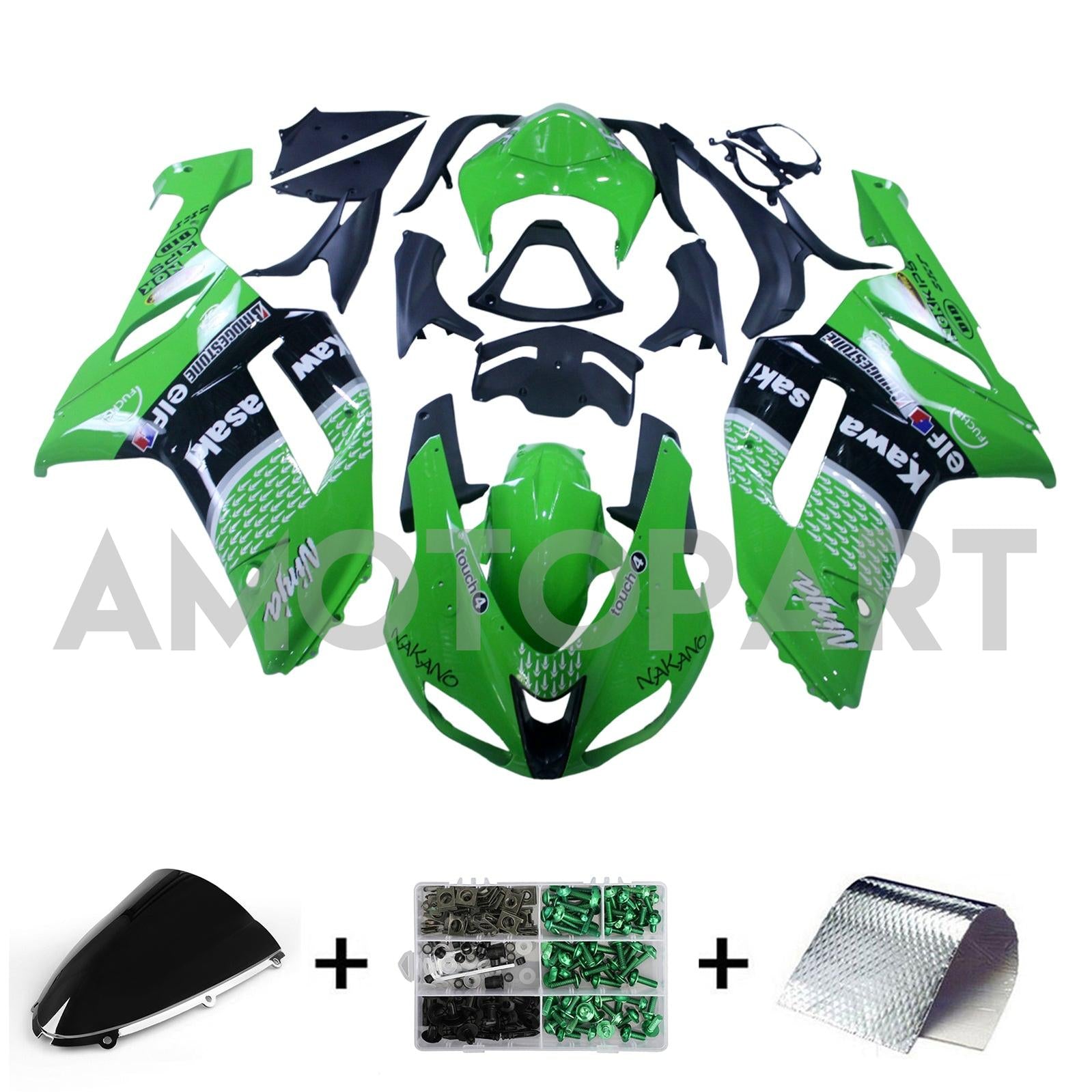 Amotopart 2007-2008 Kawasaki ZX6R 636 Green Black Fairing Kit