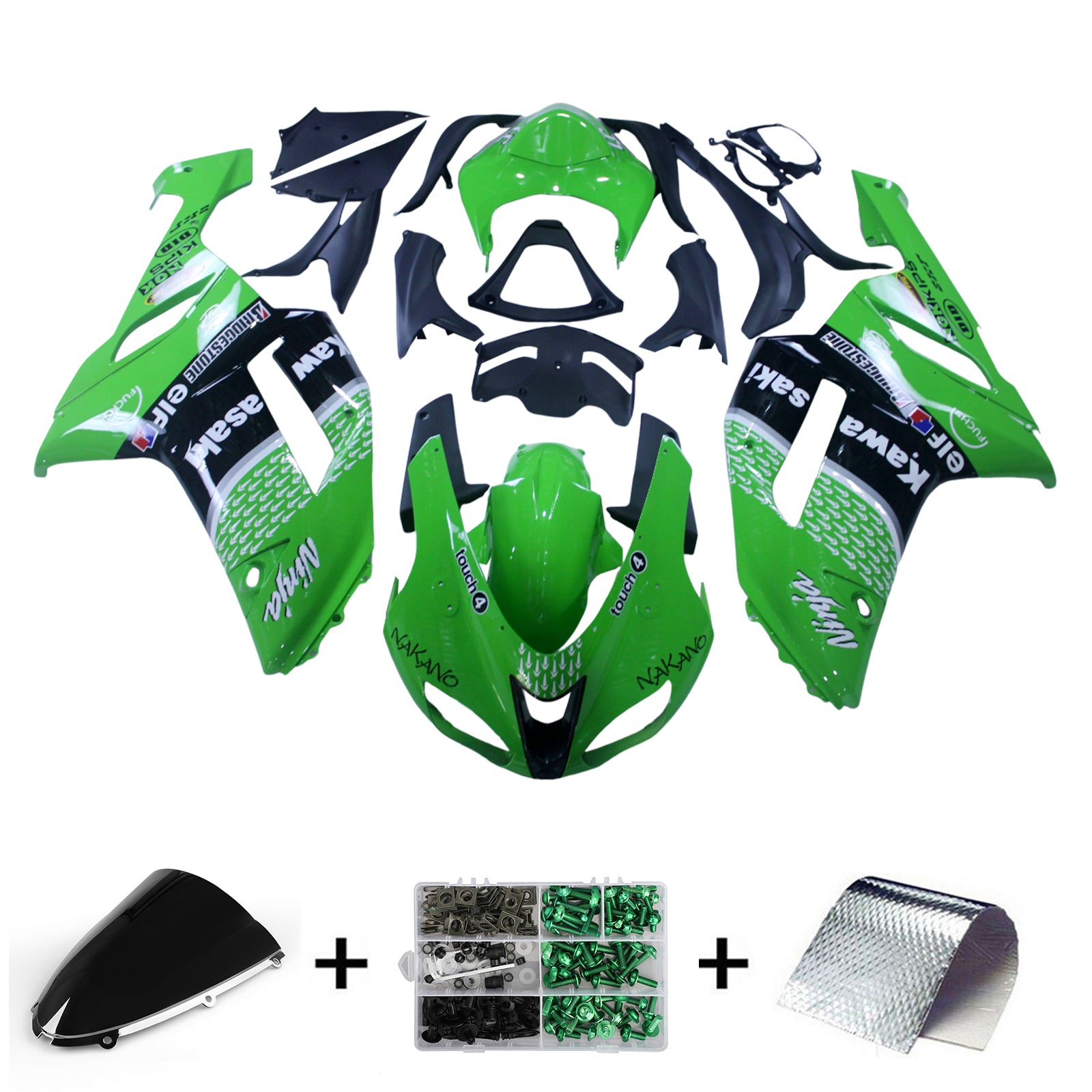 Amotopart 2007-2008 Kawasaki ZX6R 636 Green Black Fairing Kit