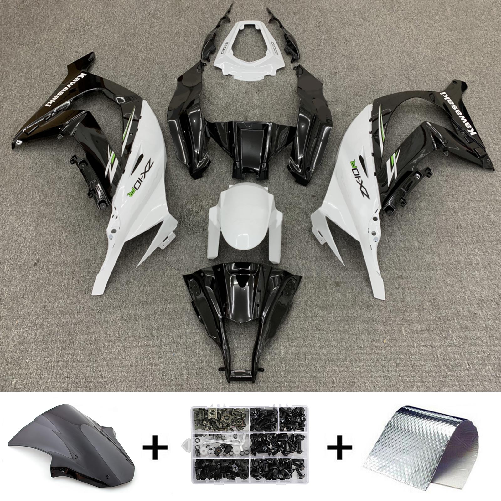 Amotopart 2011–2015 Kawasaki ZX10R Weiß &amp; Schwarz Style2 Verkleidungsset