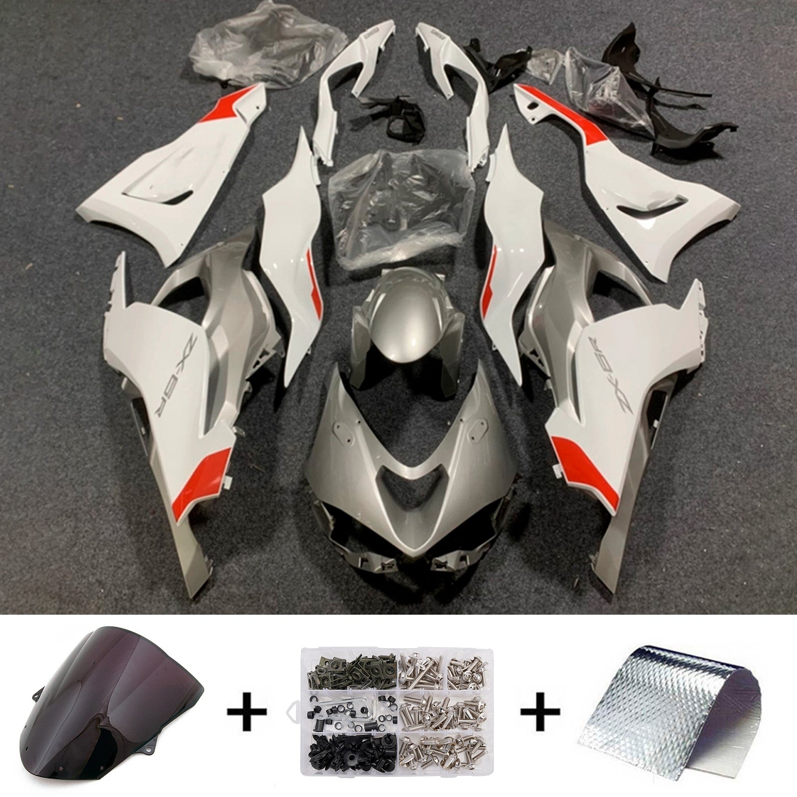 Amotopart 2024-2025 Kawasaki ZX-6R White Grey Red Fairing Kit