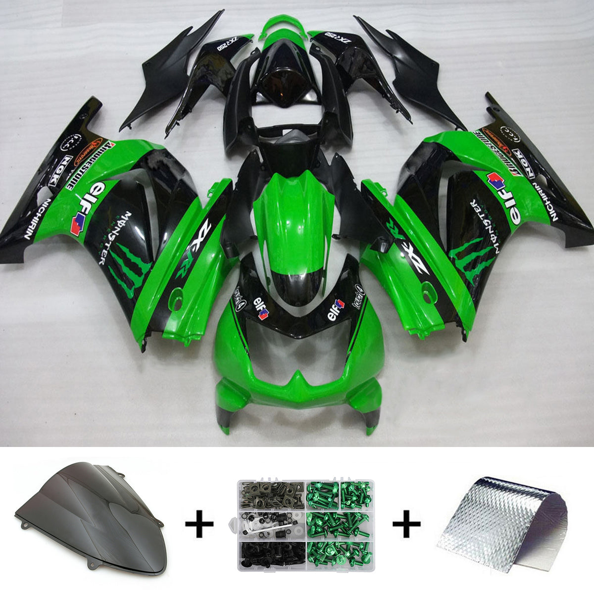 Amotopart 2008-2012 Kawasaki EX250 Ninja250R Green&Black with Monster Logo Style2 Fairing Kit