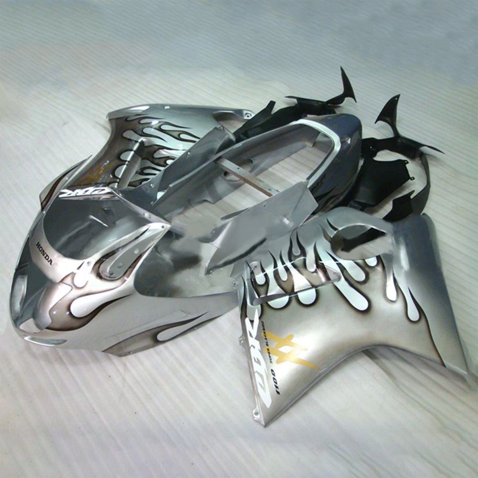 Amotopart 1996-2007 CBR1100XX SuperBlackBird Honda Grey with Black Flame Fairing Kit