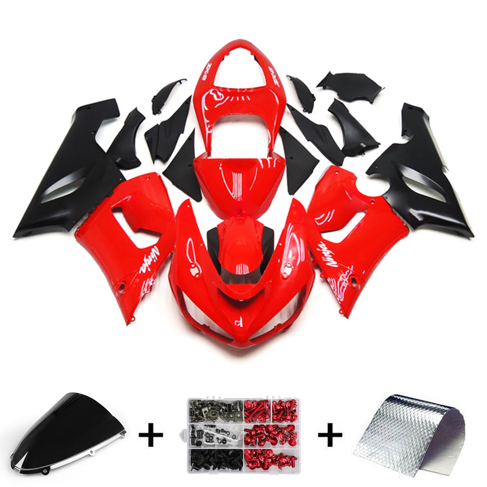 Amotopart 2005-2006 Kawasaki ZX6R 636 Kit carena rosso e nero