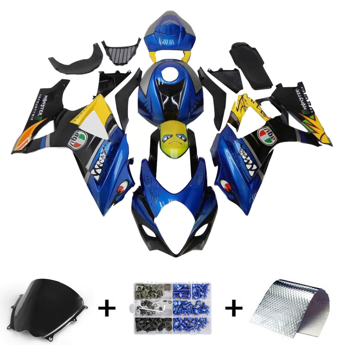 Amotopart 2007-2008 K7 GSXR1000 Suzuki Kit de carenado de dibujos animados azul y amarillo