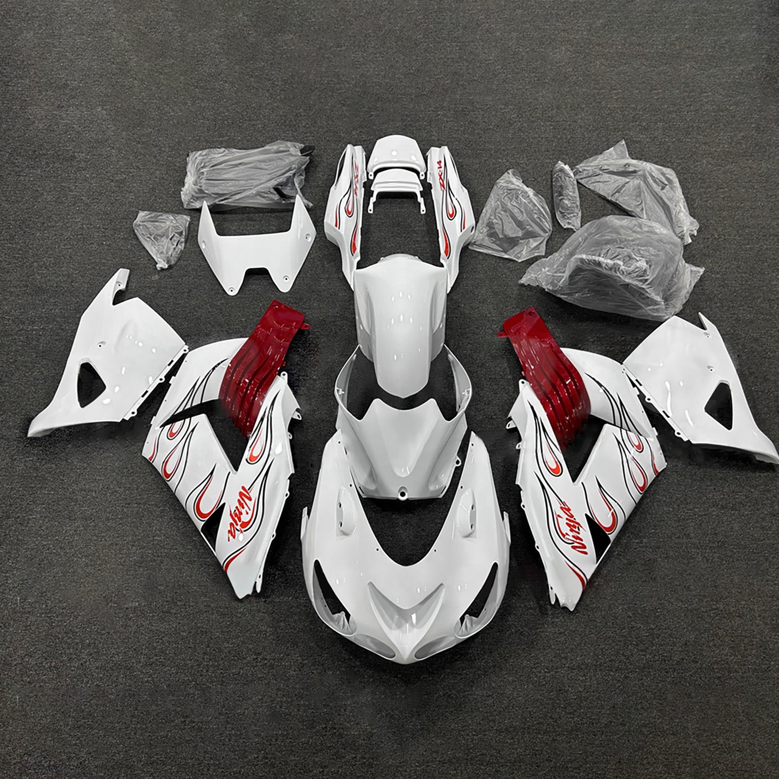 Amotopart 2012-2025 Kawasaki ZX14R ZZR1400 White Red Flame Fairing Kit