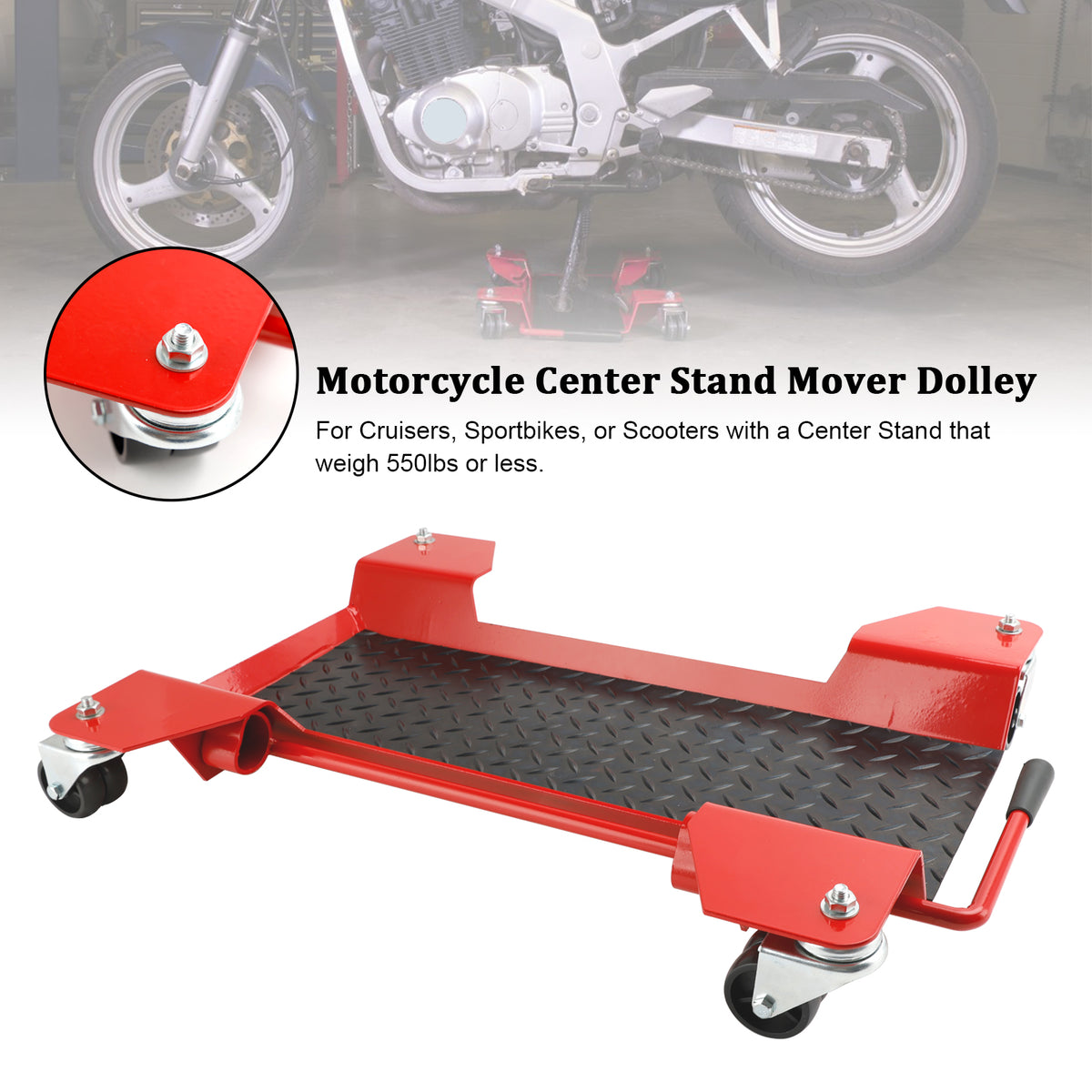 Carrello centrale per moto con piattaforma mobile per carrello con rotelle a 360 gradi, 250 kg