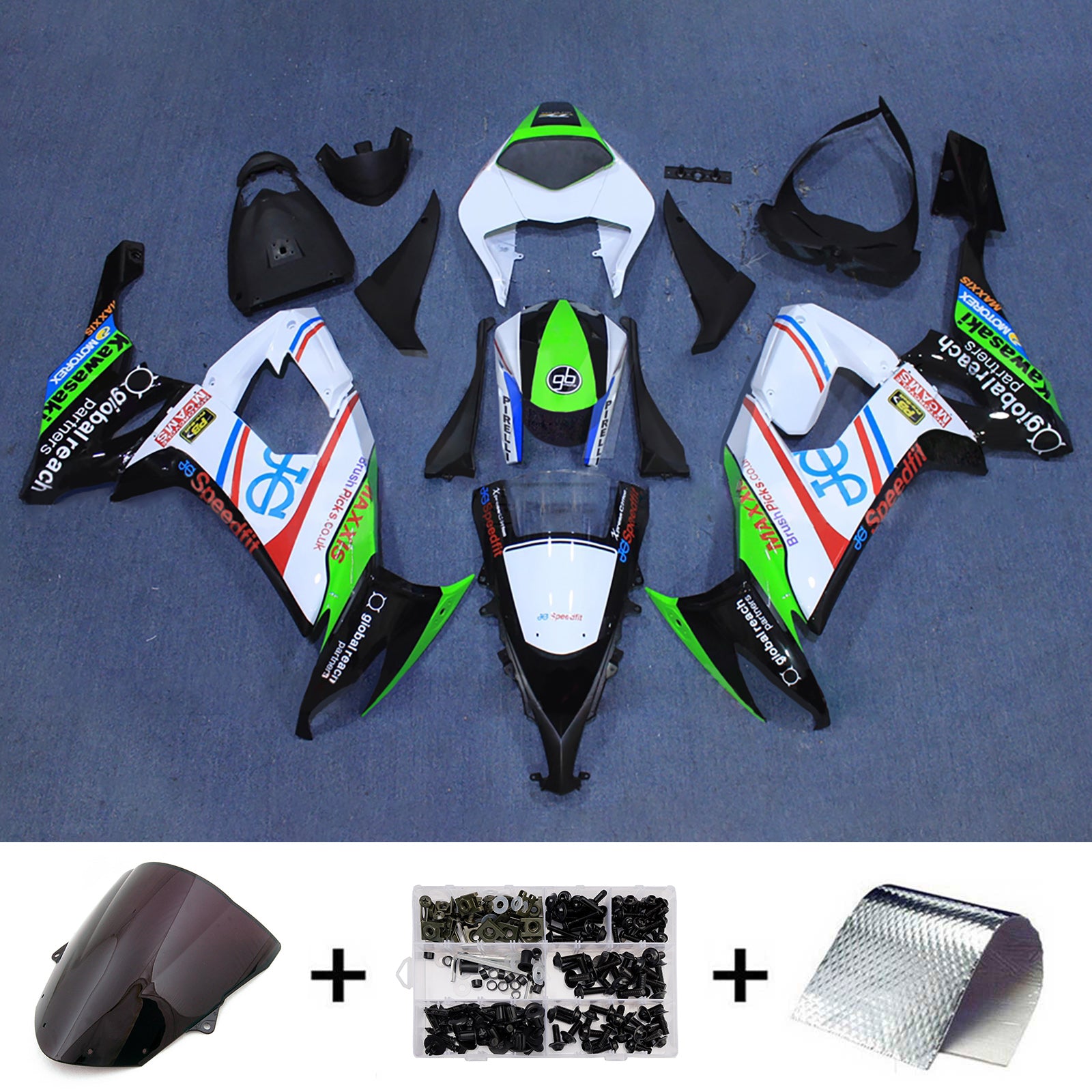 Amotopart 2008-2010 Kawasaki ZX10R Black White Green Fairing Kit