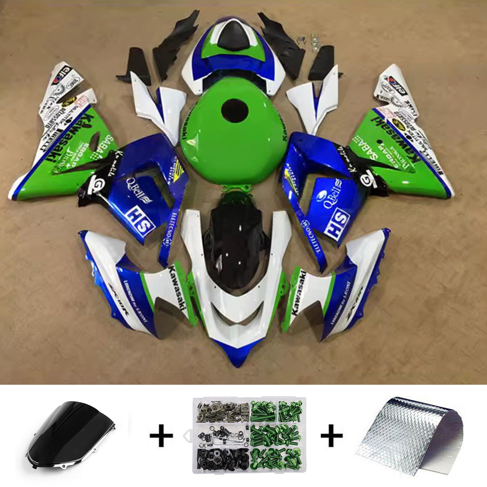 Amotopart 2004-2005 Kawasaki ZX10R Green Blue White Fairing Kit
