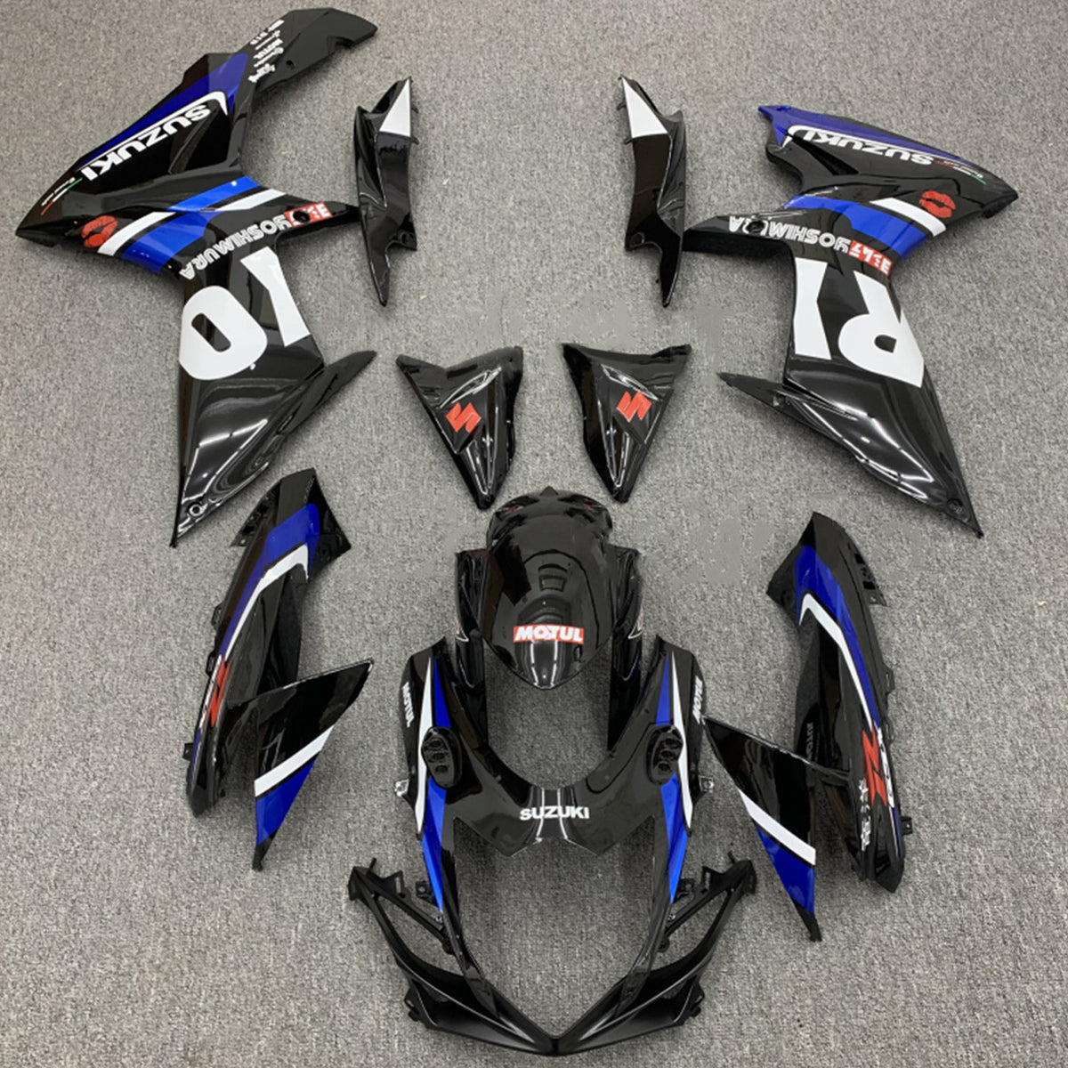 Amotopart 2011-2024 GSXR 600/750 Suzuki Noir avec accents bleus Style1 Kit de carénage