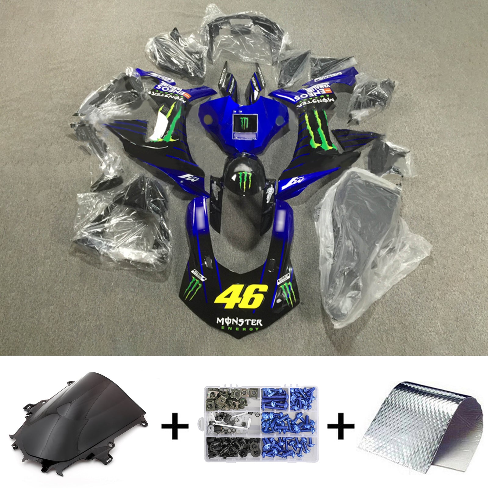 Amotopart Yamaha YZF 1000 R1 2015-2019 Kit de carénage Monster Bleu & Noir Style 1