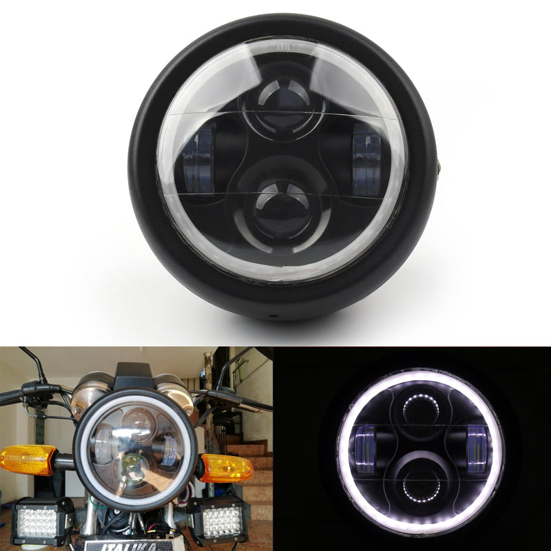 6 1/2" Motorcycle Universal LED Headlight White Halo Ring For Cafe Racer Chopper
