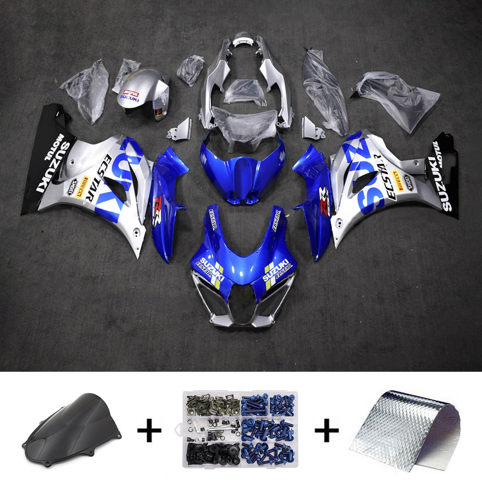 Amotopart 2017-2025 Suzuki GSXR1000 Blue Silver Black Fairing Kit