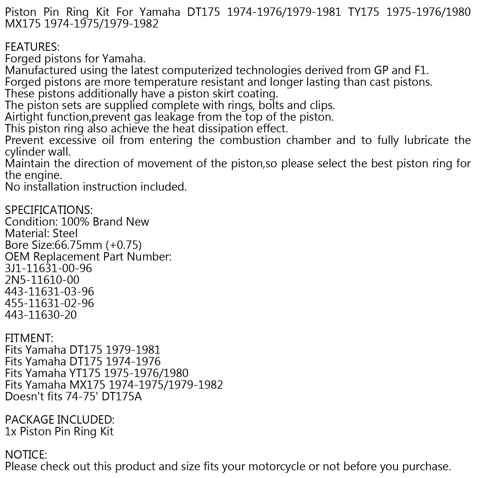 2N5-11610-00 ボアサイズ 66.75mm ピストンキット ヤマハ DT175 YT175 MX175 74-82 に適合