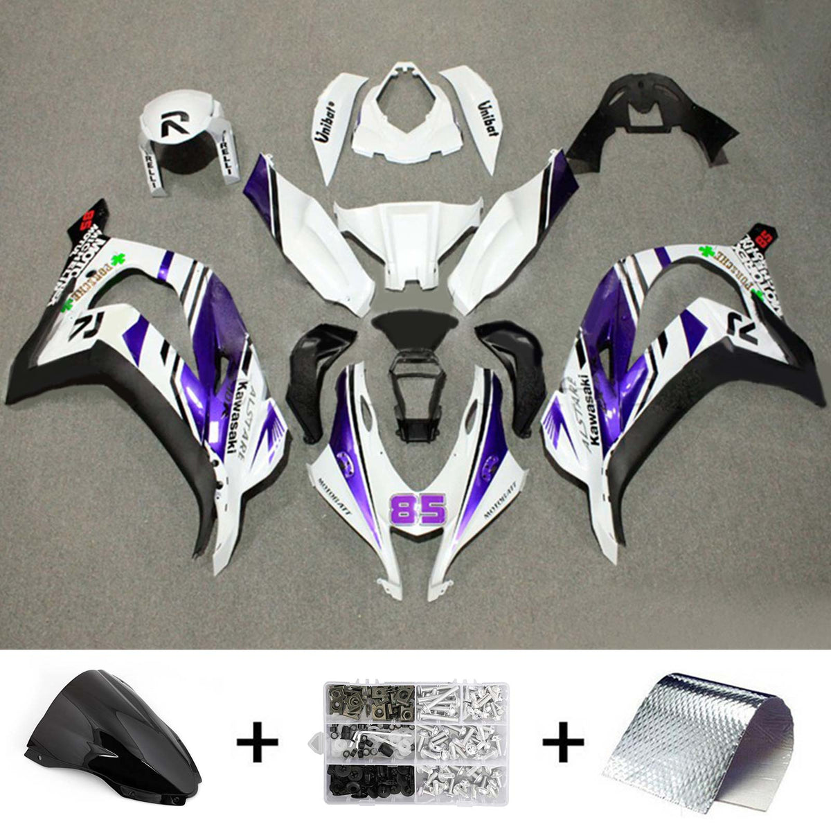 Amotopart 2016-2020 ZX10R Kawasaki Kit de carenado blanco y morado