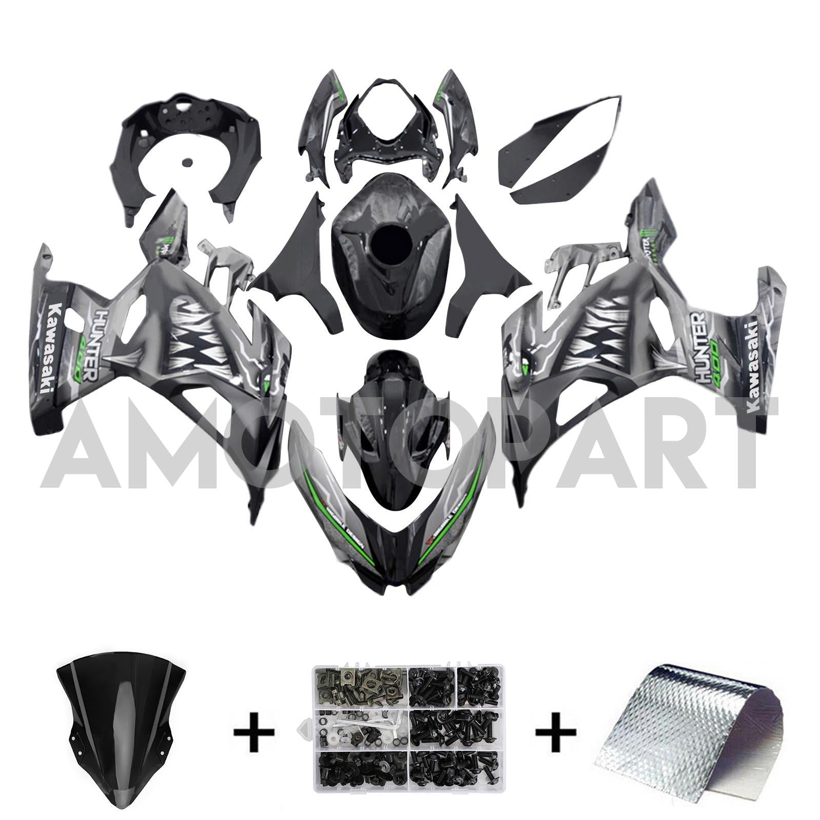 Amotopart 2018-2024 Kawasaki EX400 Ninja400 Grau&Schwarzes Verkleidungskit