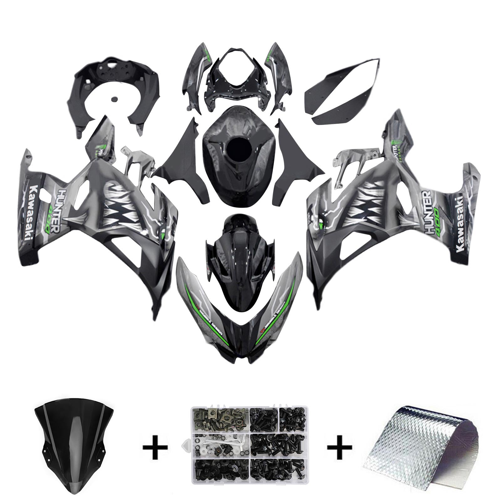 Amotopart 2018-2024 Kawasaki EX400 Ninja 400 Kit de carenado gris negro