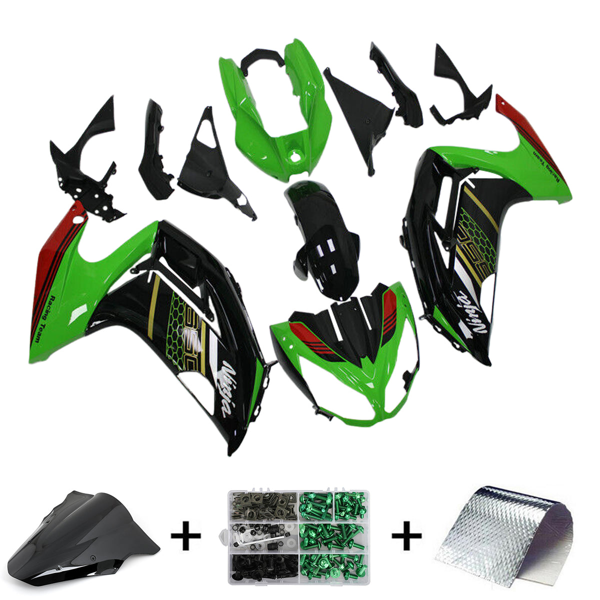 Amotopart Verkleidungssatz für Kawasaki ER6F/Ninja650, glänzend, Schwarz/Grün, 2012–2016