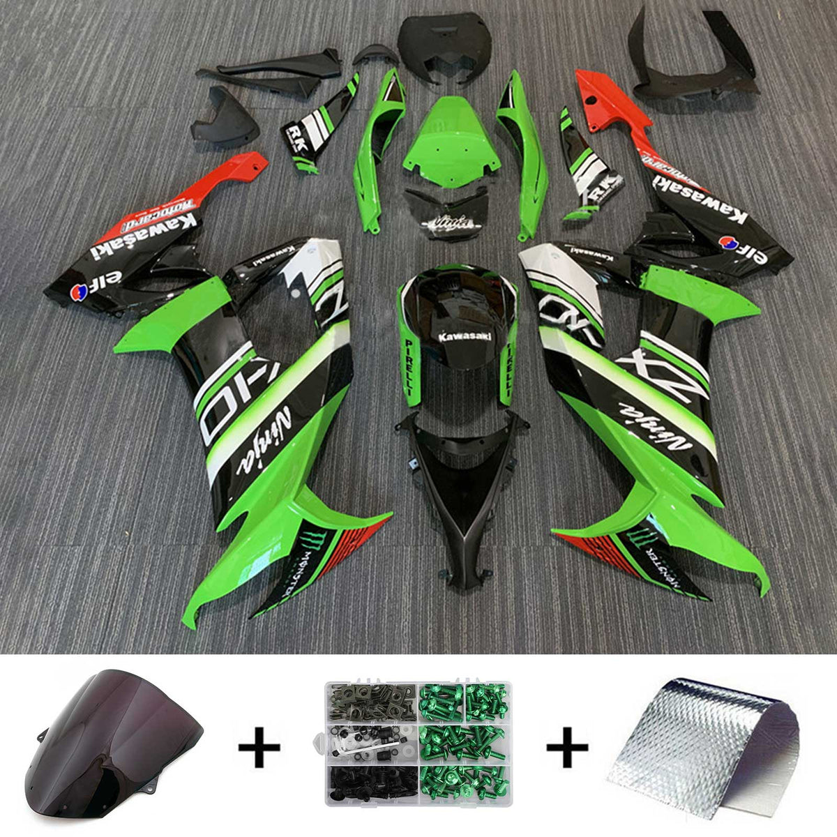 Amotopart 2008–2010 Kawasaki ZX10R Grün &amp; Rot Style3 Verkleidungsset